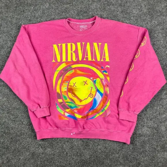 Nirvana Sweatshirt Womens Size S/M Pink Tie-Dye Graphic Pullover Band Crewneck - Picture 2 of 9
